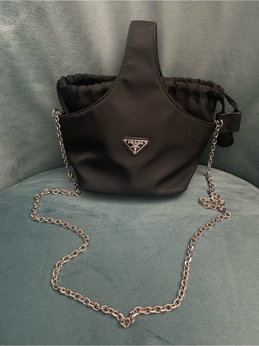 Black Nylon Drawstring Crossbody Bucket Bag with Silver Chain